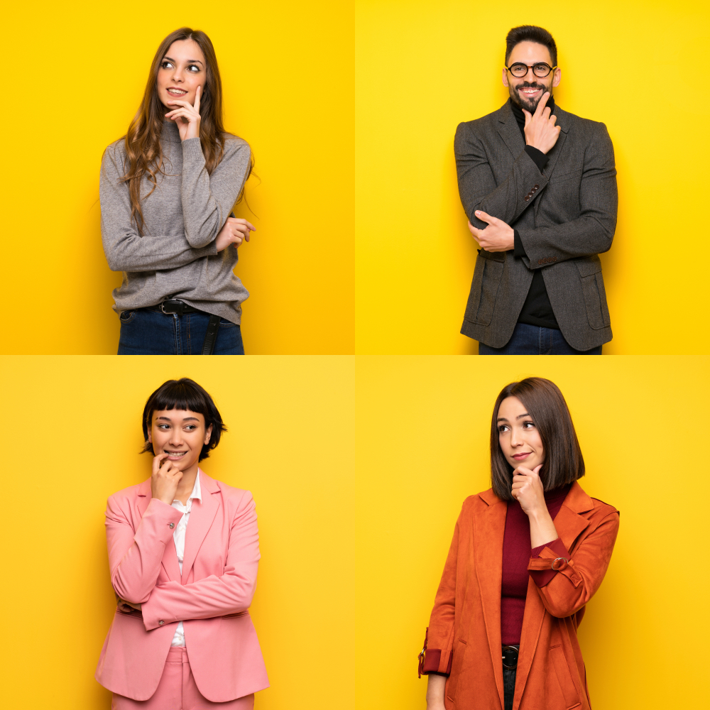 Four people against a yellow background, each thinking with a hand at their chin