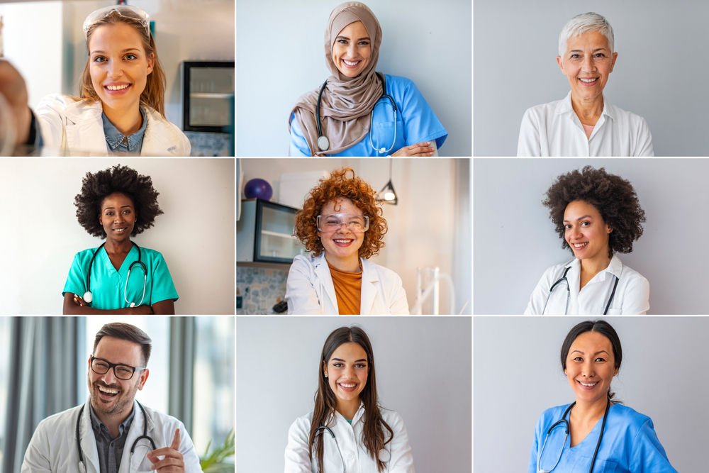 A grid of portraits of nine doctors, nurses and specialists